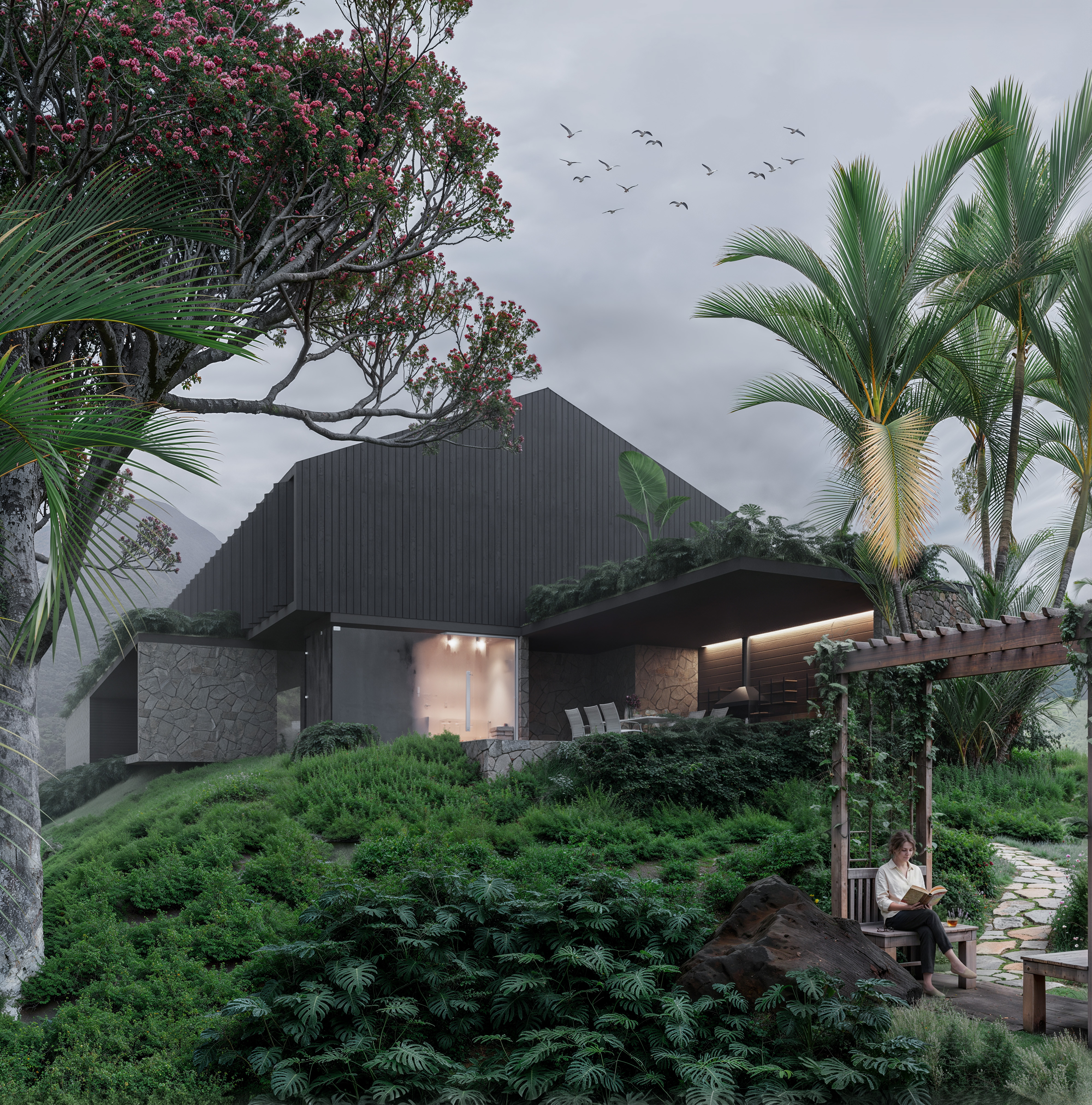 Jardim da Casa LG20 ao entardecer, com pergolado e vegetação de Mata Atlântica